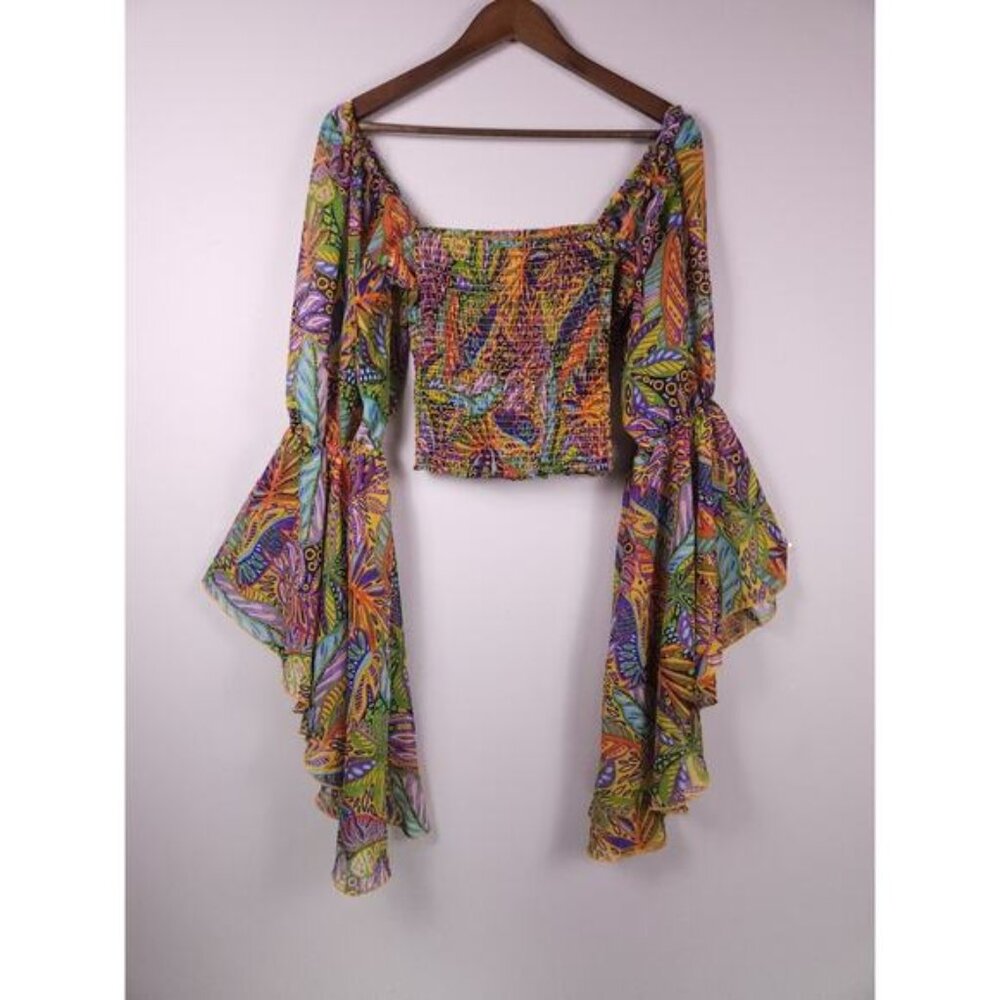 Live 4 Truth Boho Off Shoulder Smocked Top L Colorful Bell Sleeve Festival Style